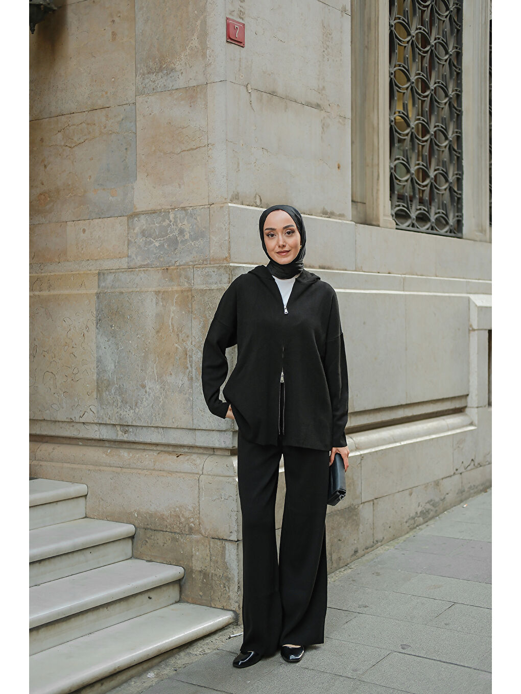 Kadın Kendinden Desenli Triko Takım Siyah-4