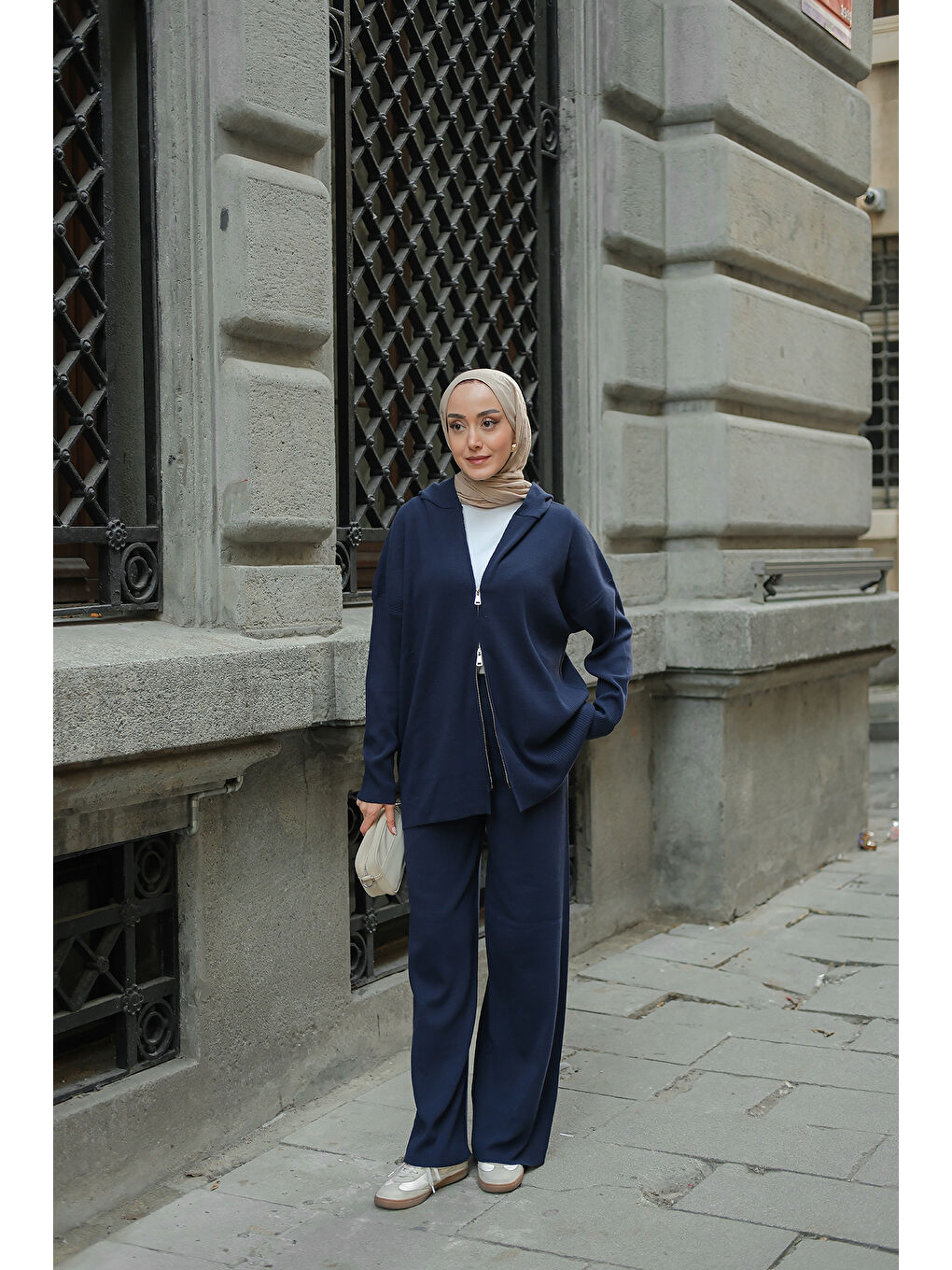 Kadın Kendinden Desenli Triko Takım Lacivert-2