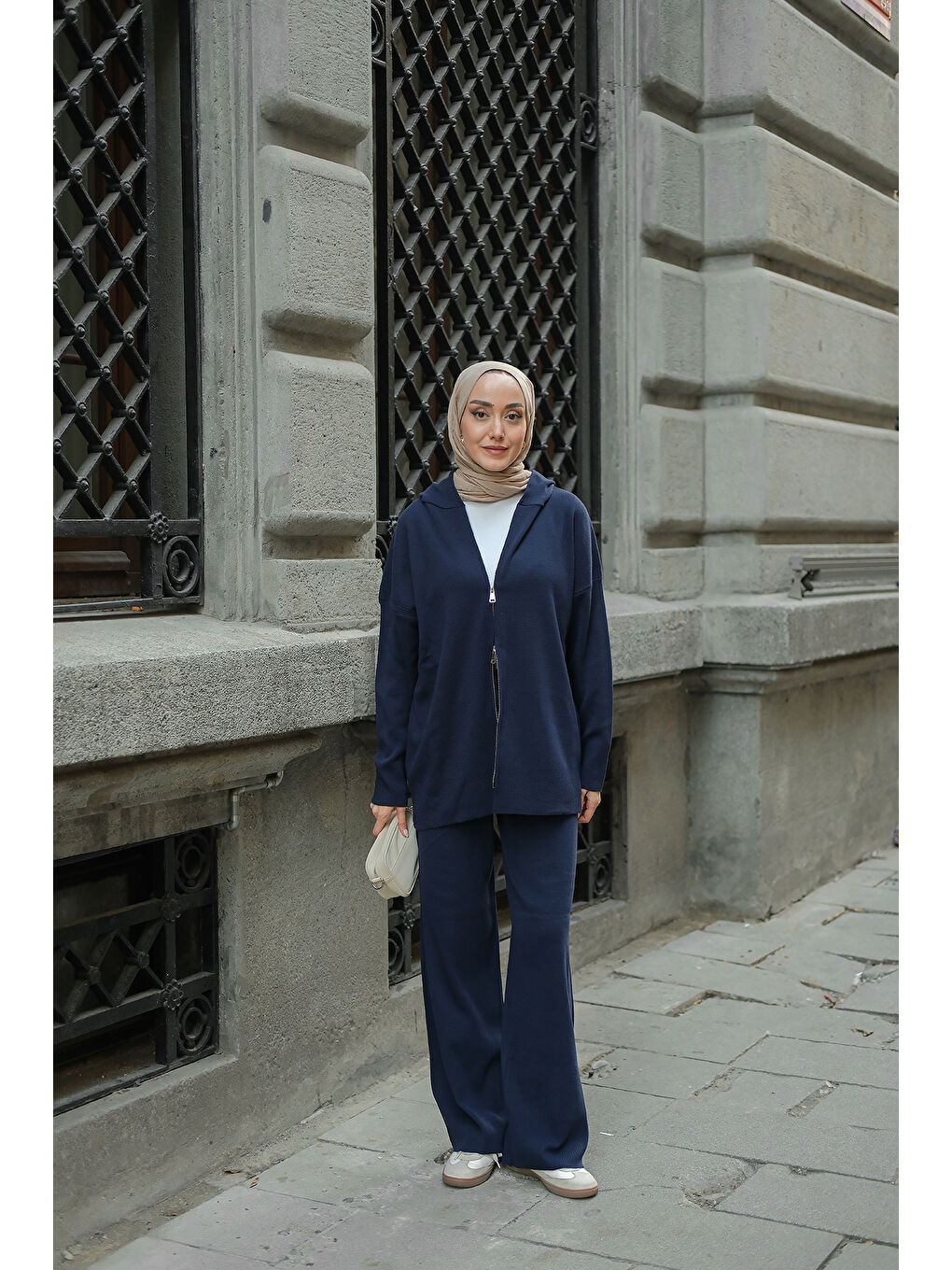 Kadın Kendinden Desenli Triko Takım Lacivert-3