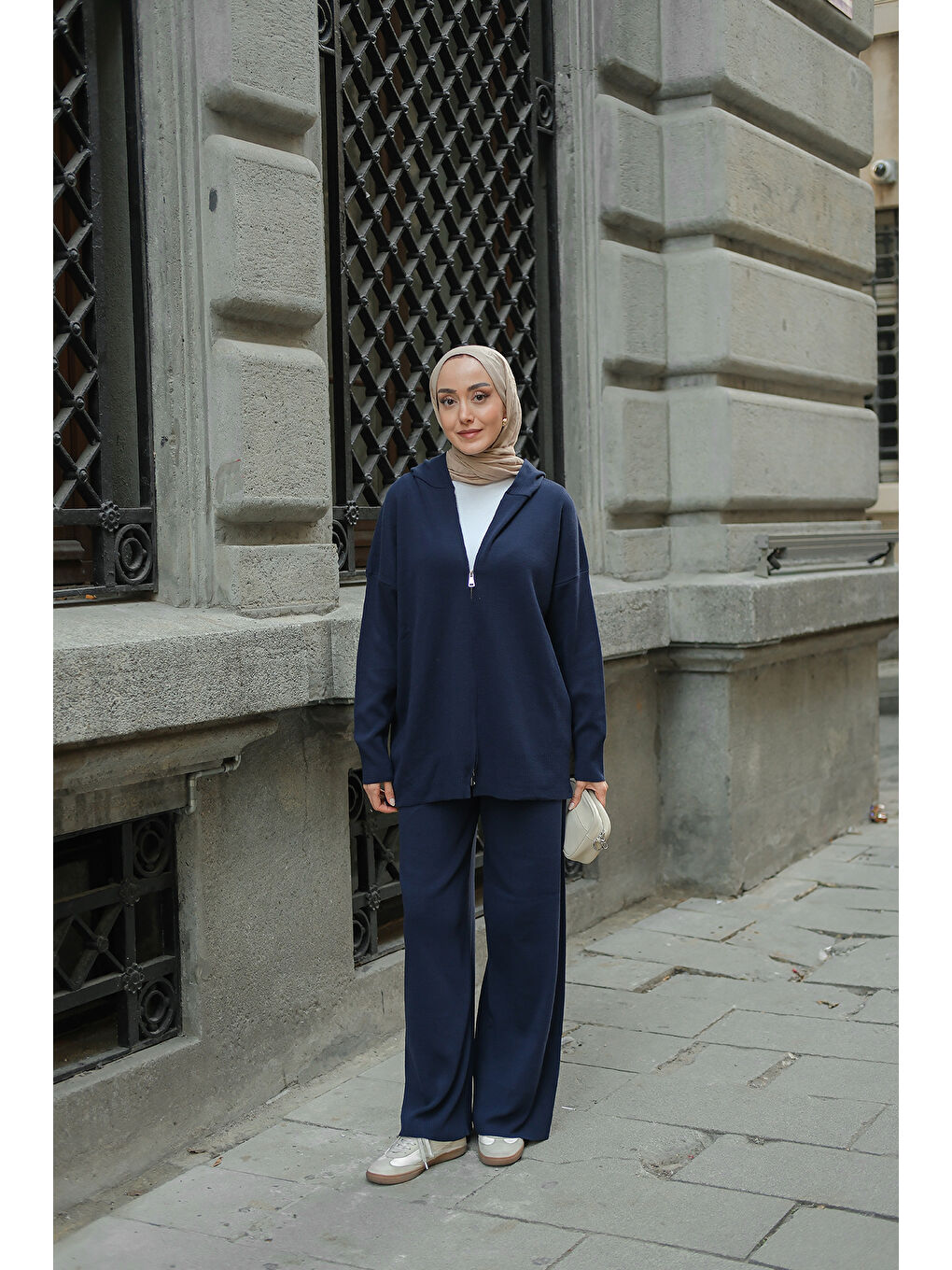 Kadın Kendinden Desenli Triko Takım Lacivert-4