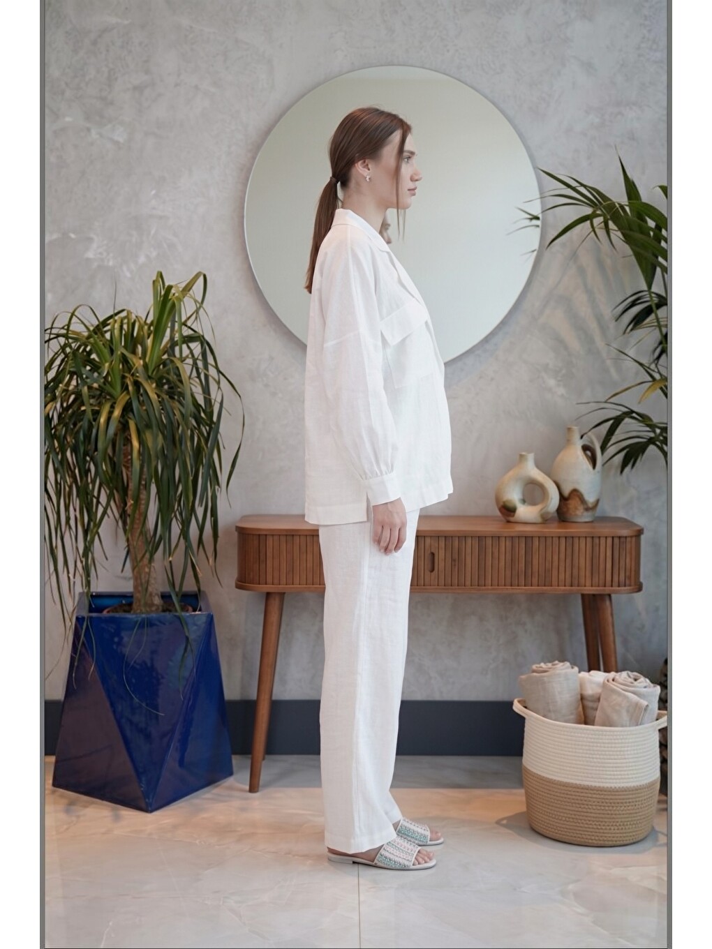 Beyaz Santorini %100 PamukKeten Hamile ve Lohusa Pantolonu - Dökümlü Wide Leg-4