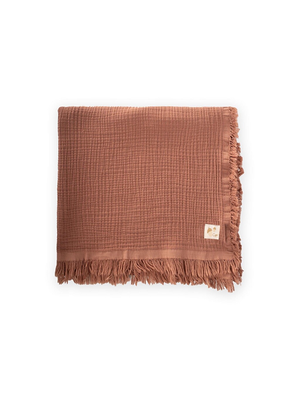 Kahverengi Dört Kat Püsküllü Organic Müslin Battaniye 80X120 Cm Açık Kahve-1