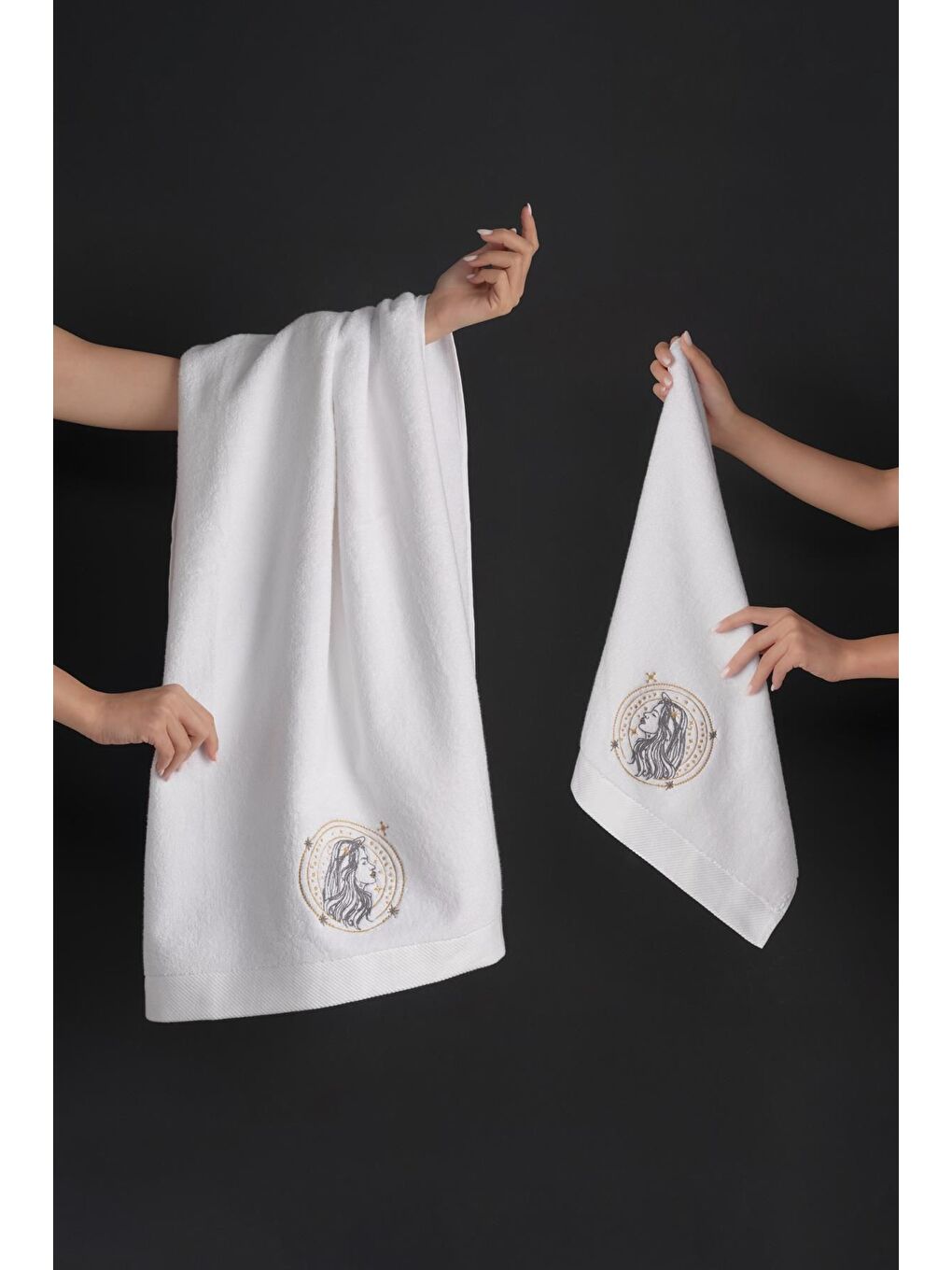 Beyaz %100 Microcotton Üst Kalite Havlu Seti Burç Nakışlı Basak-3