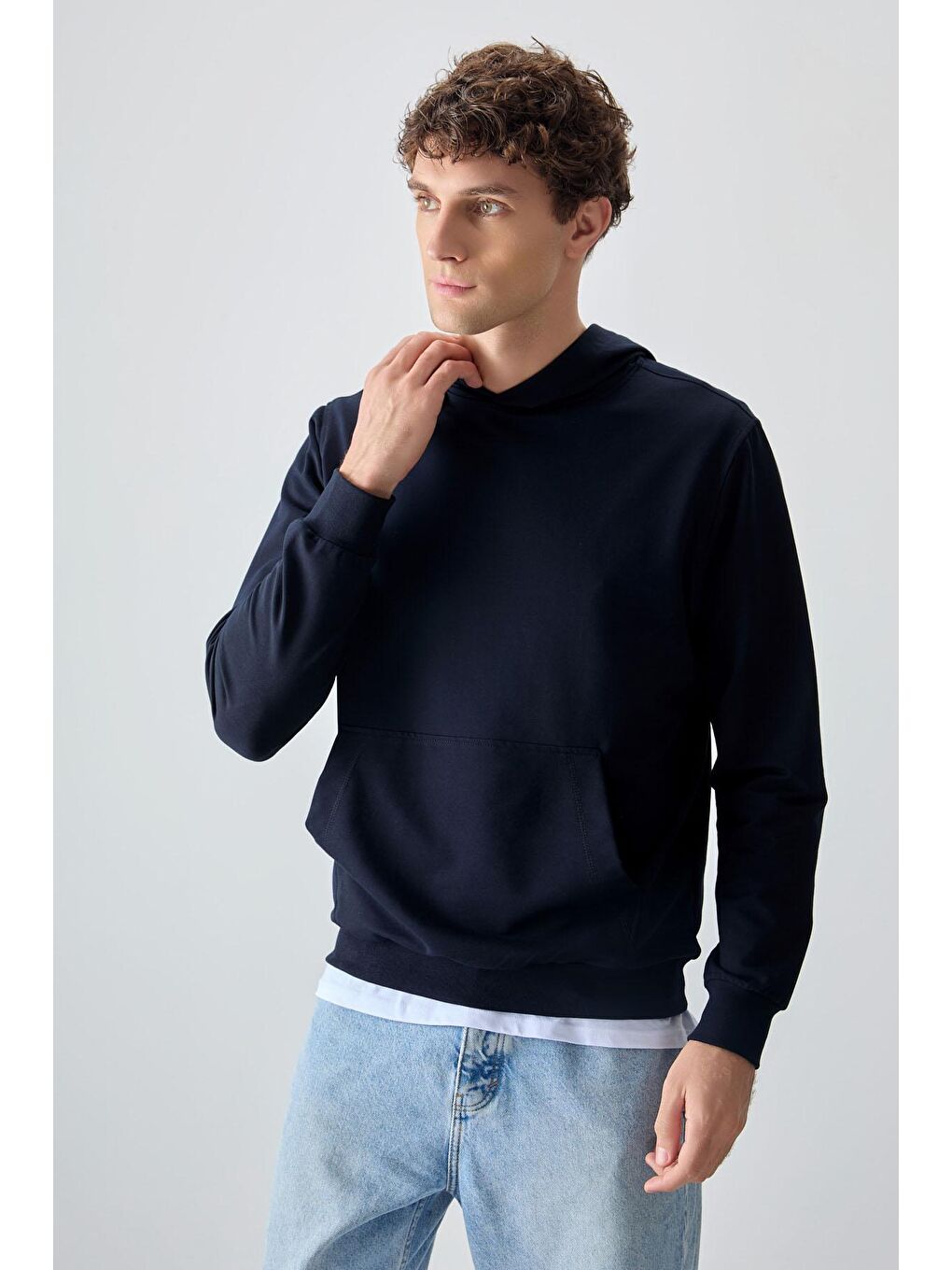 AIR JONES Lacivert Pamuk Dokulu Kapüşonlu Standart Fit Basic Erkek Sweatshirt - 3