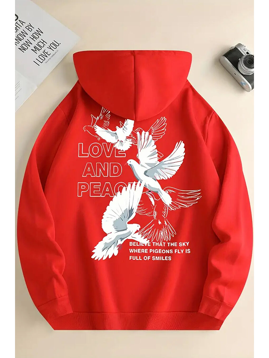 uyguntarz Kırmızı Love and Peace Baskılı Oversize Sweatshirt