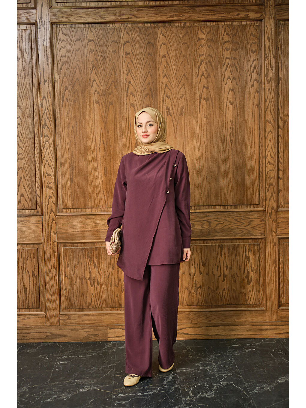 Kadın Yan Düğme Detay Takım Bordo-1