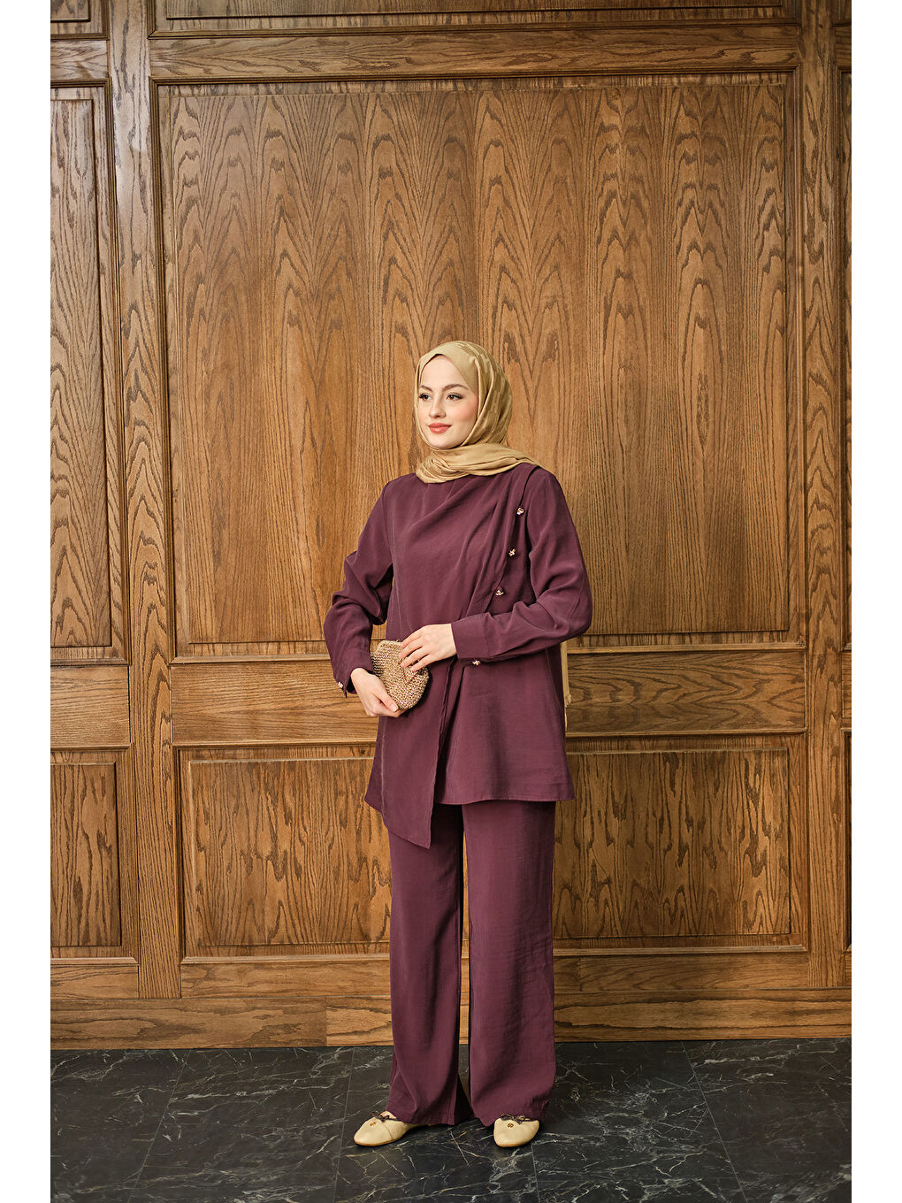 Kadın Yan Düğme Detay Takım Bordo-3