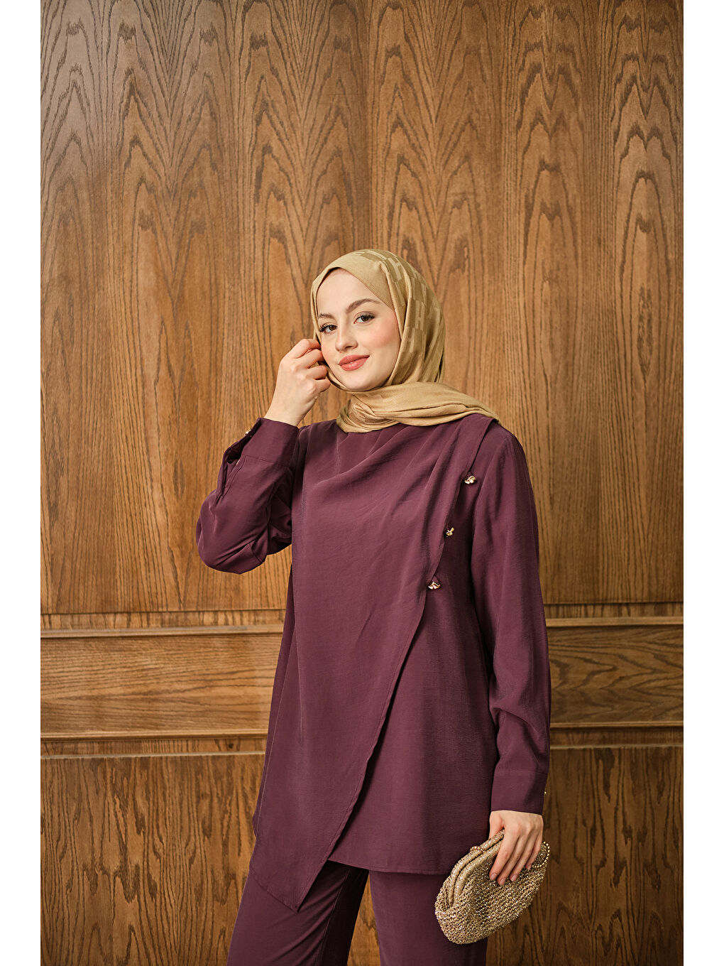 Kadın Yan Düğme Detay Takım Bordo-4