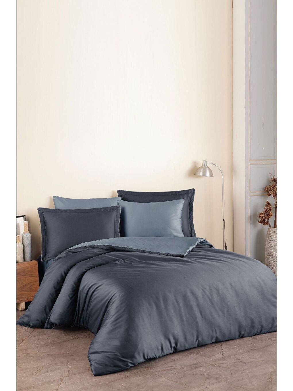Pamuk Saten (Family Size) Nevresim Takımı Antrasit-İndigo