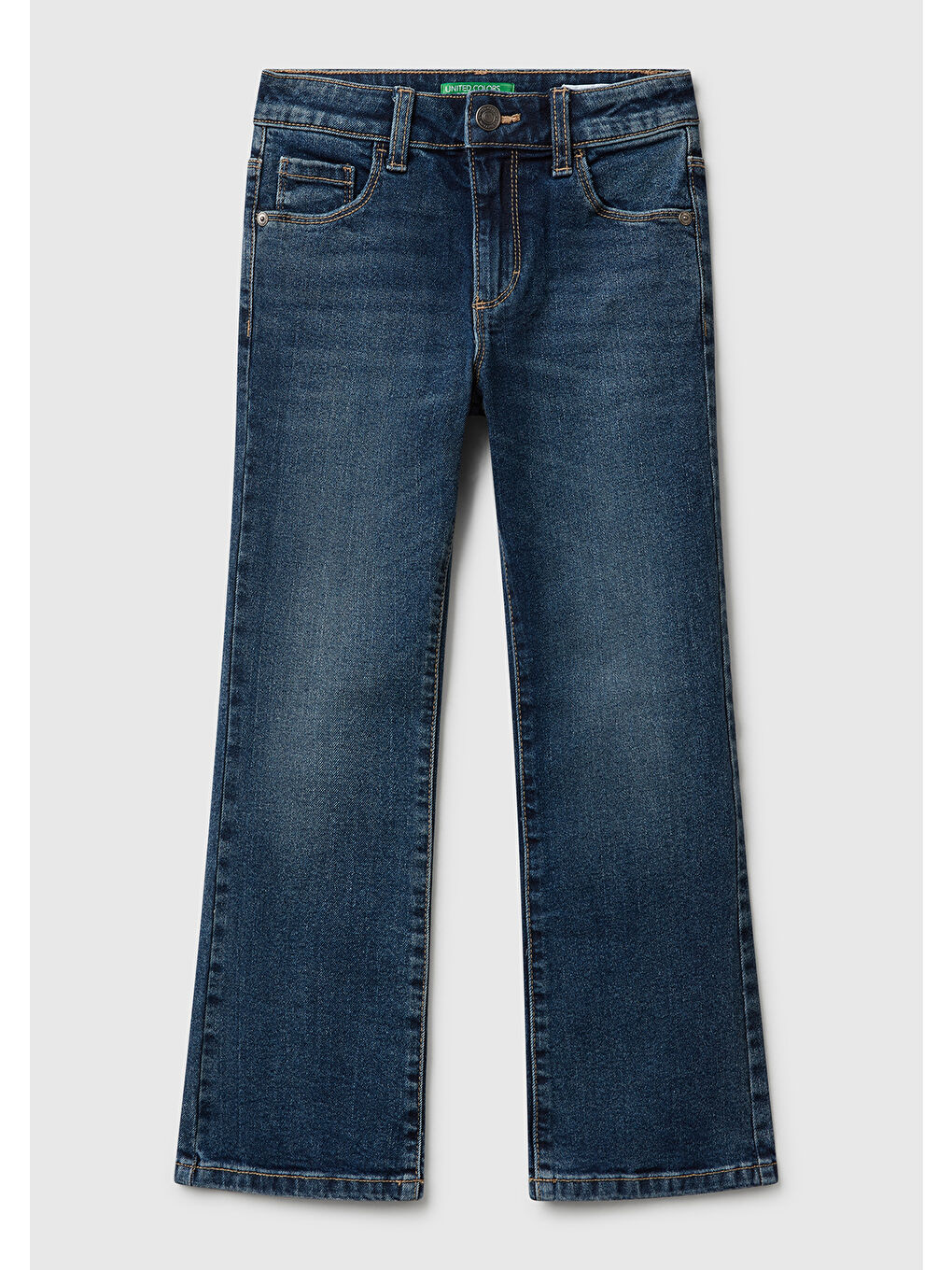 Kız Çocuk Koyu Mavi Arka Cebi Logo İşlemeli 5 Cepli Eskitilmiş Efektli Pantolon