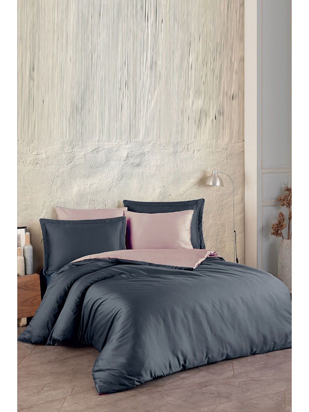 Pembe Pamuk Saten (Family Size) Nevresim Takımı Antrasit-Pudra