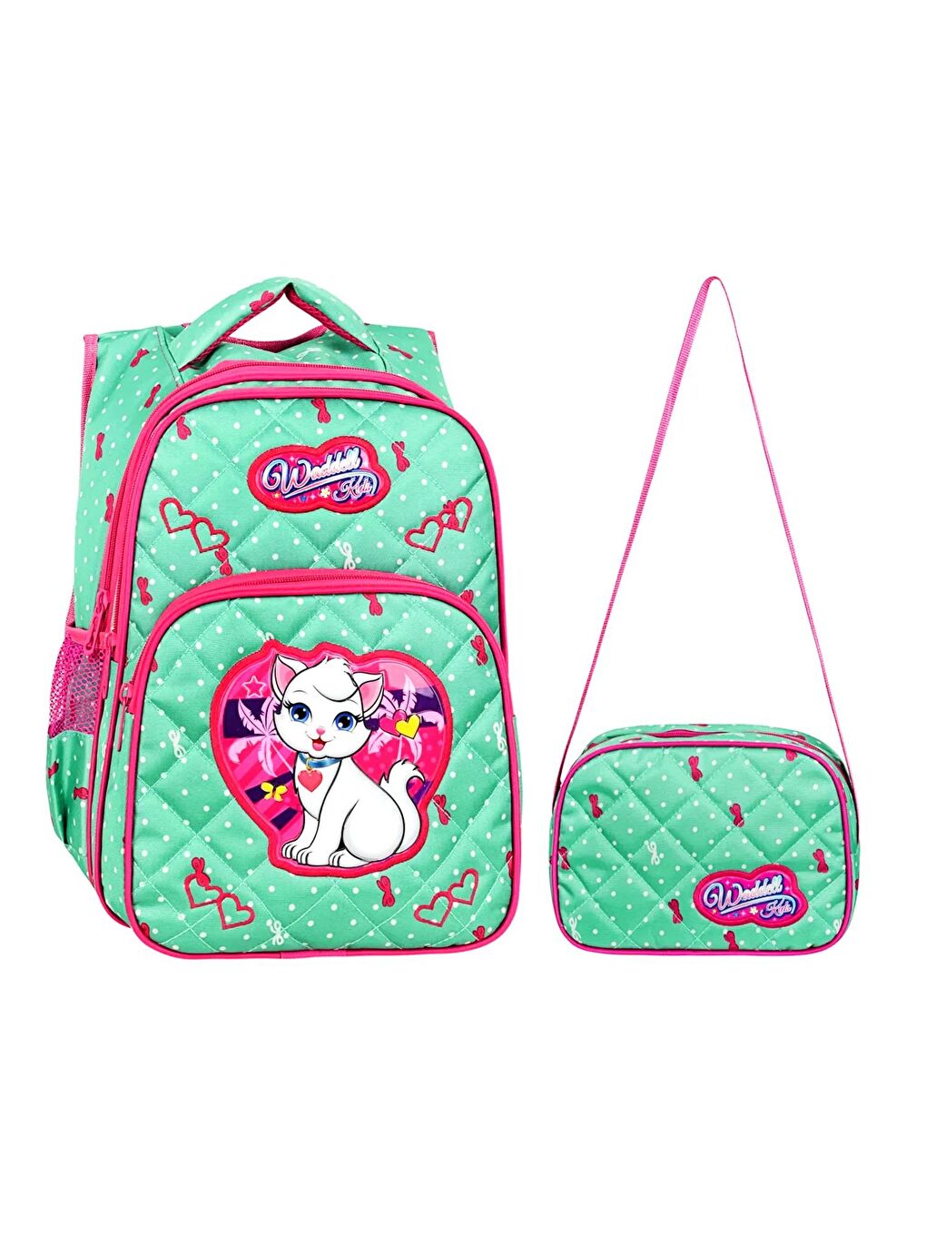 3 Bölmeli İlkokul Çantası ve Beslenme Çantası Beyaz Kedi Su Yeşili 24002