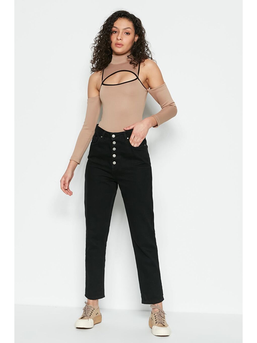 Pencere Detaylı Uzun Kollu Bodysuit 9154 Kahverengi