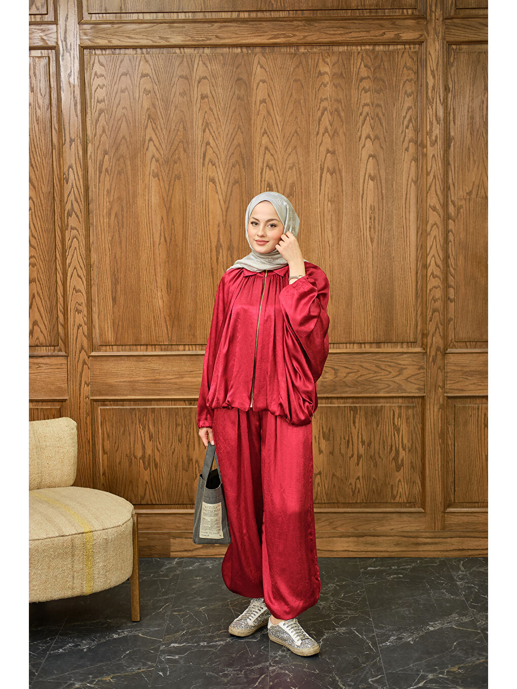 Kadın Gizli Fermuar Detay Takım Kırmızı