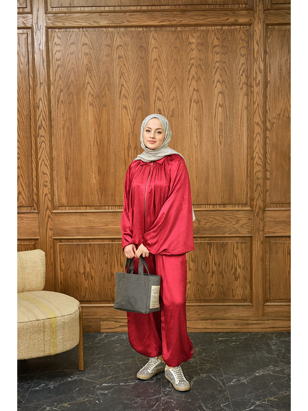 Kadın Gizli Fermuar Detay Takım Kırmızı-1