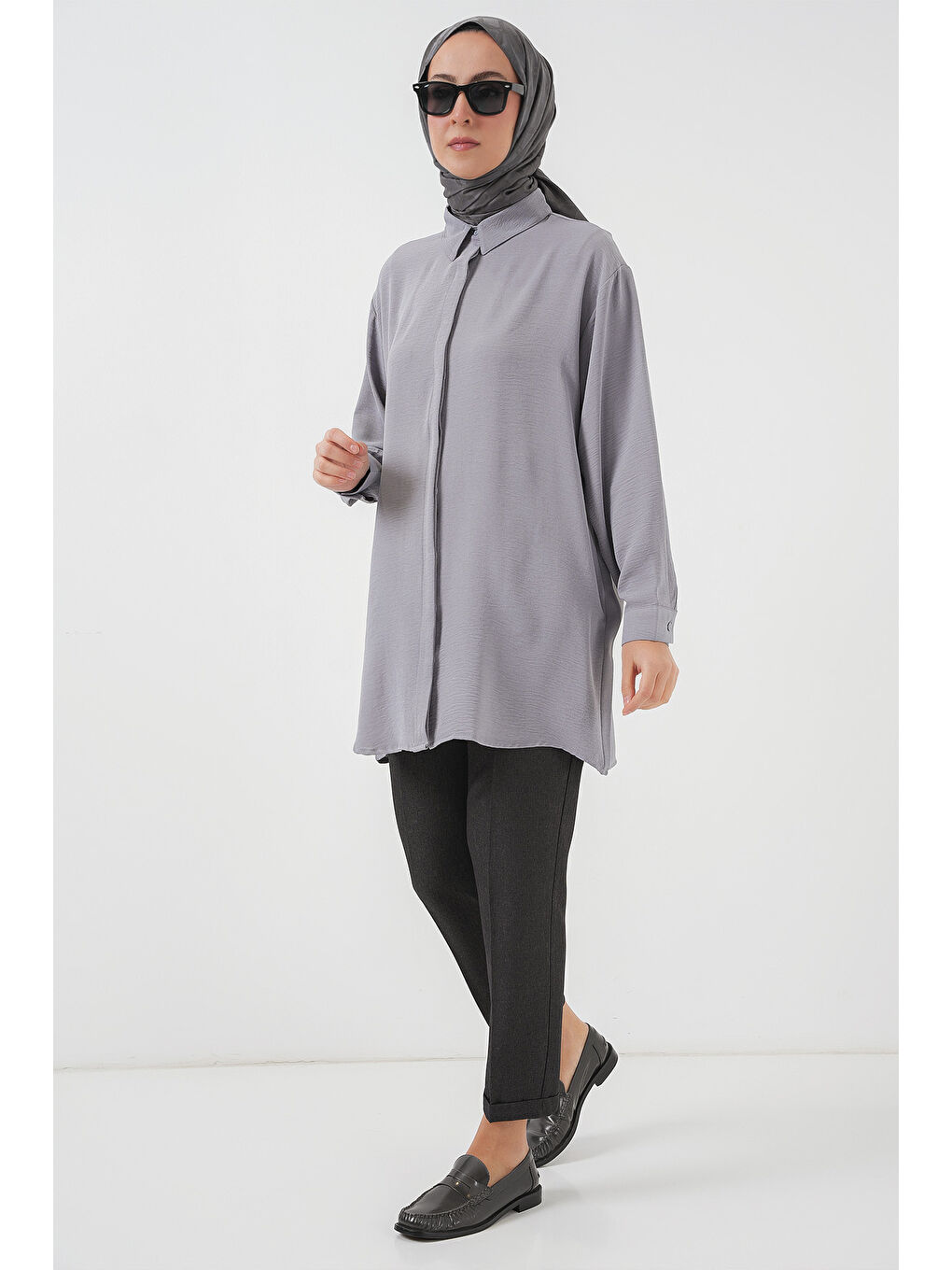 Kadın Uzun Gömlek Tunik 5945 - Gri-1