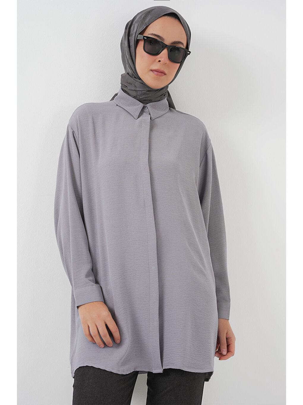 Kadın Uzun Gömlek Tunik 5945 - Gri-2