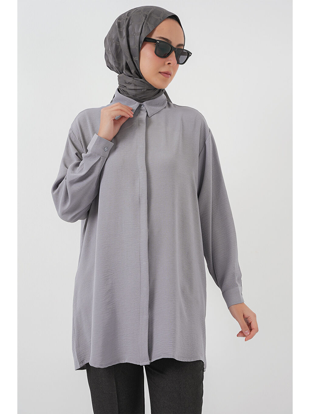 Kadın Uzun Gömlek Tunik 5945 - Gri-3