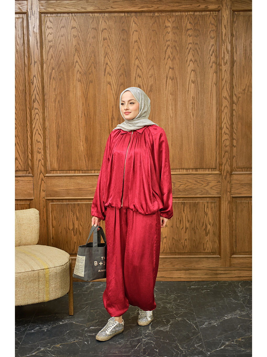 Kadın Gizli Fermuar Detay Takım Kırmızı-2