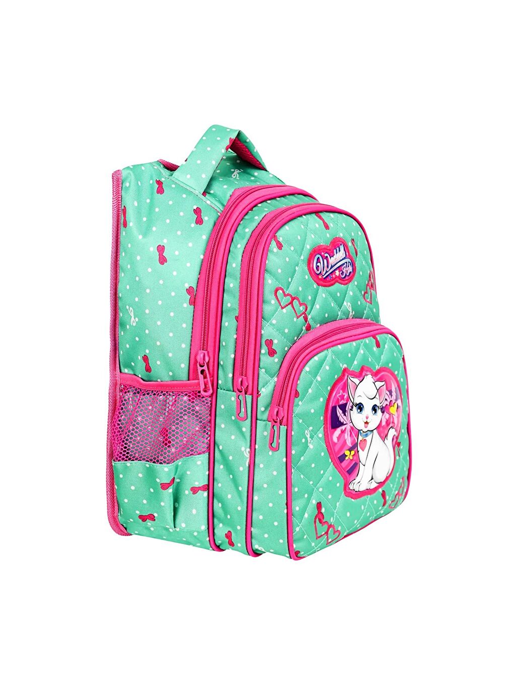 3 Bölmeli İlkokul Çantası ve Beslenme Çantası Beyaz Kedi Su Yeşili 24002-3