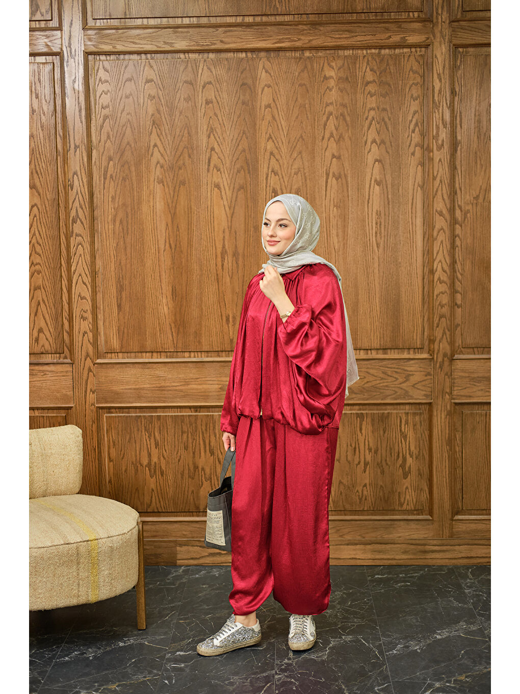 Kadın Gizli Fermuar Detay Takım Kırmızı-3