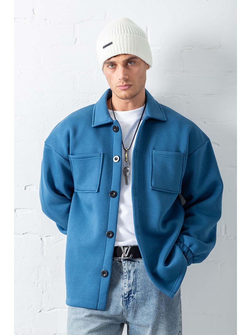 Erkek Oversize Basic Rahat Mont Mavi