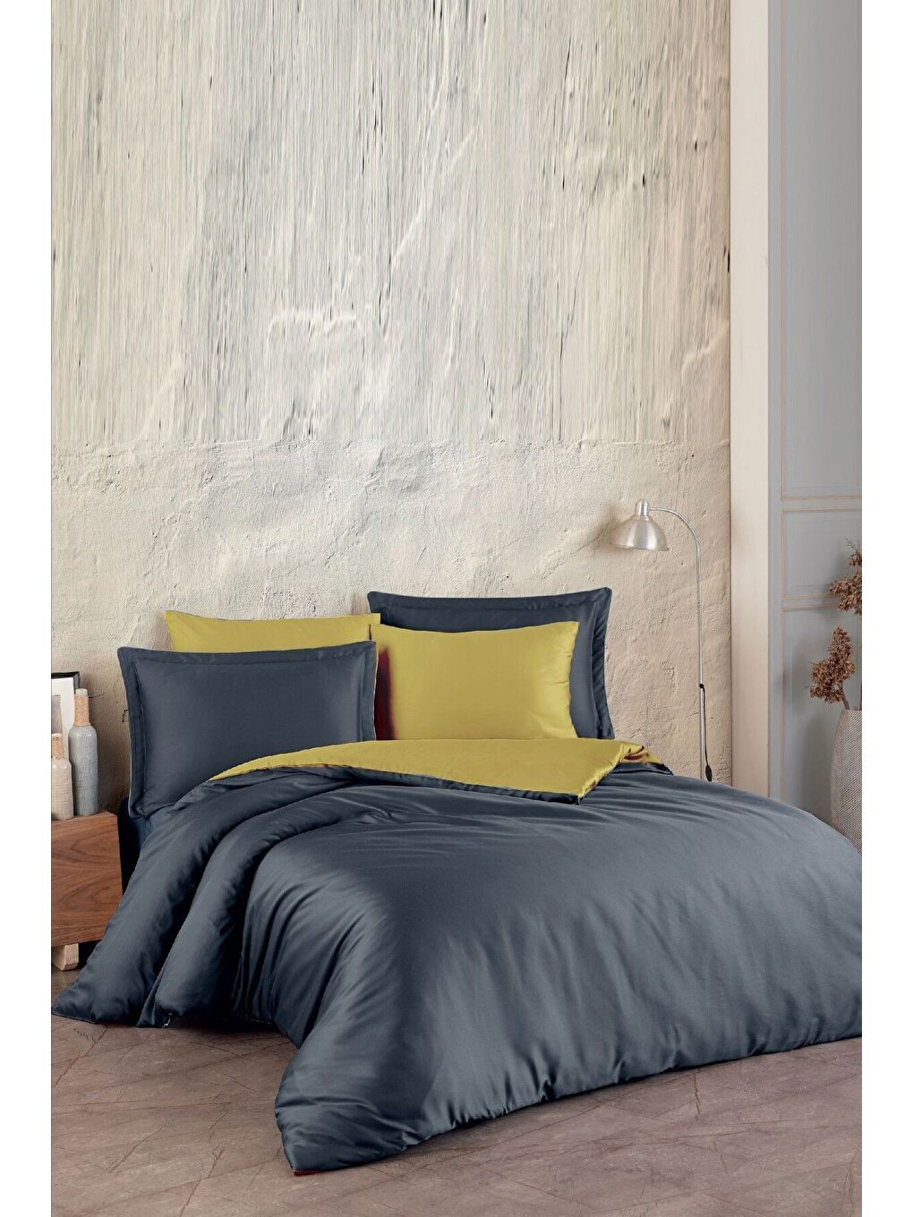 Pamuk Saten (Family Size) Nevresim Takımı Antrasit-Sarı