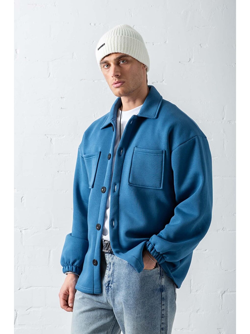 Erkek Oversize Basic Rahat Mont Mavi-3