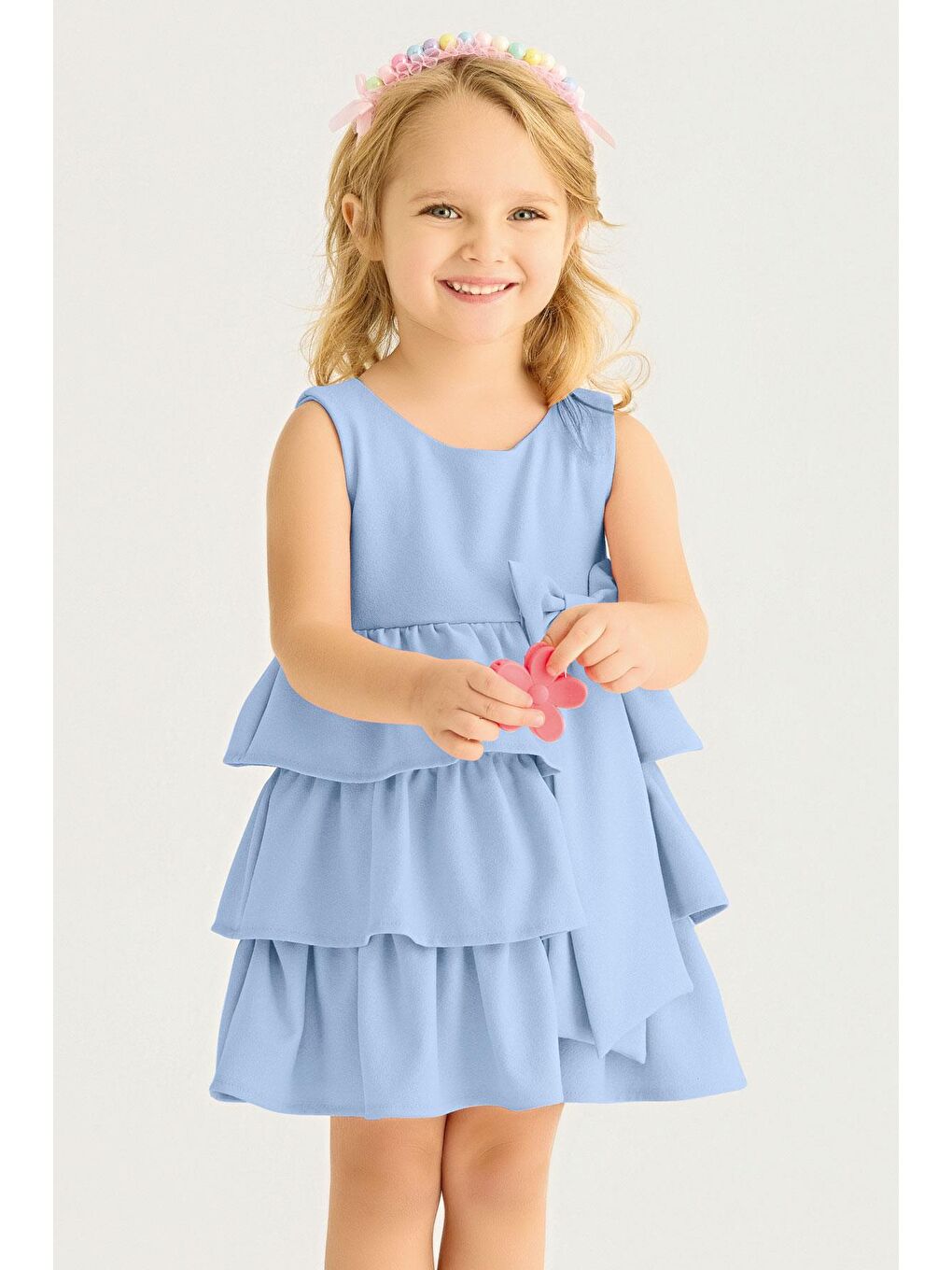 Bisiklet Yaka Kurdele Detaylı Eteği Fırfırlı Sıfır Kol Bebe Mavisi Renk Kız Çocuk Elbise-1