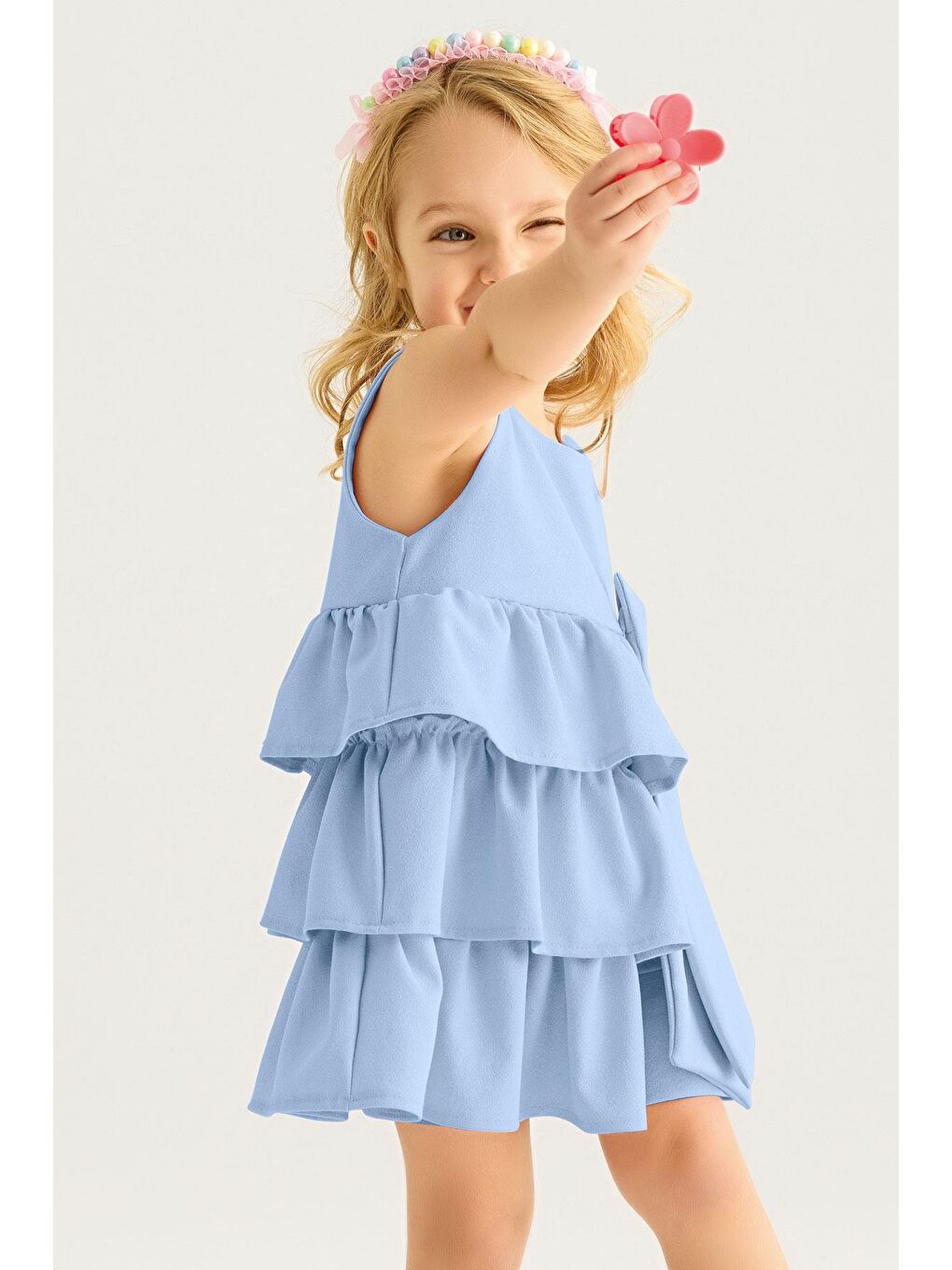 Bisiklet Yaka Kurdele Detaylı Eteği Fırfırlı Sıfır Kol Bebe Mavisi Renk Kız Çocuk Elbise-3