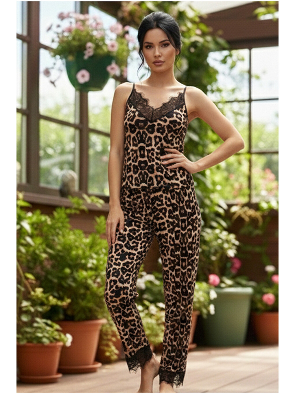 Sarı Leopar Desenli İp Askılı Dantelli Örme Pijama Takım 26120726-1