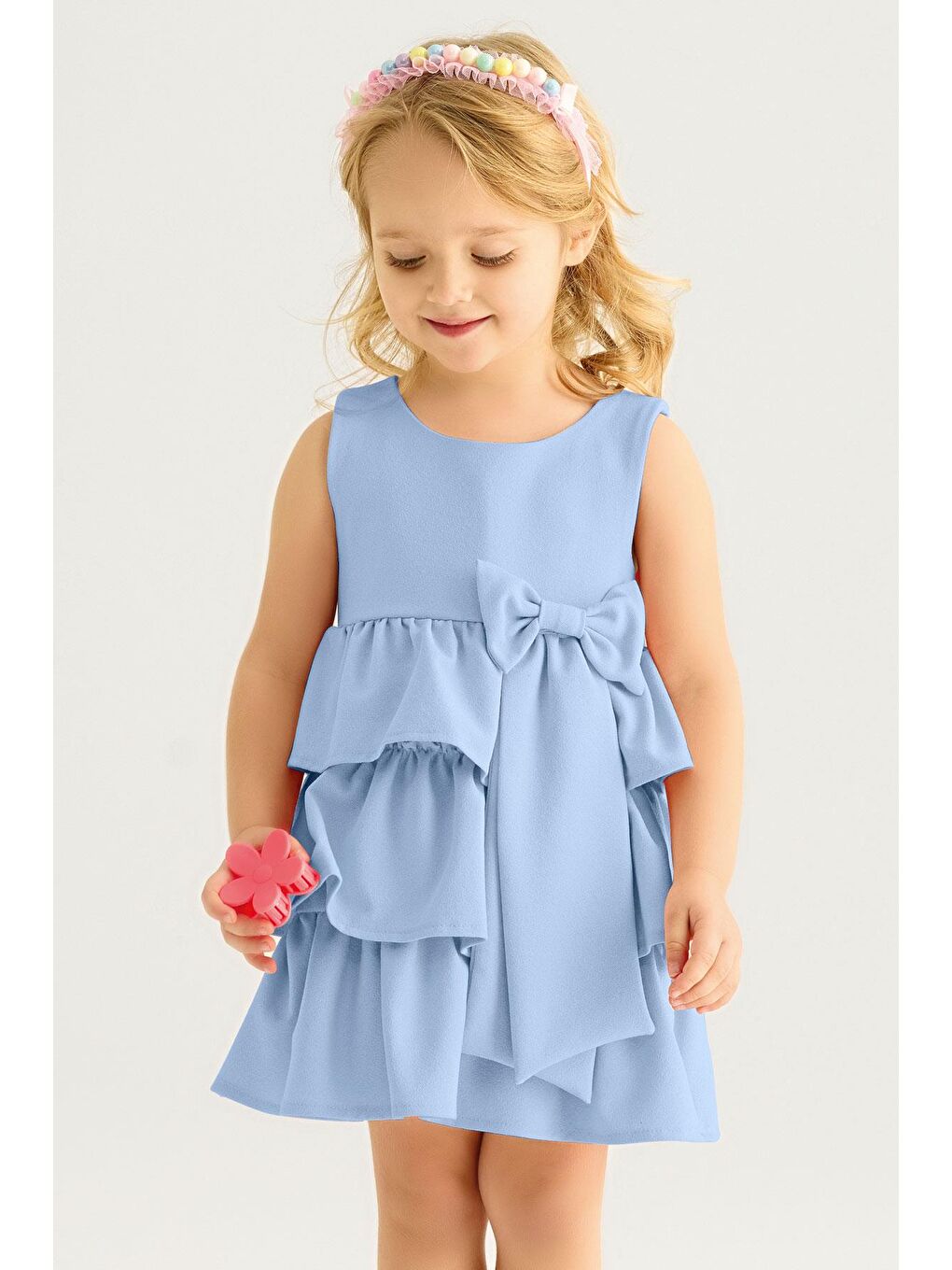 Bisiklet Yaka Kurdele Detaylı Eteği Fırfırlı Sıfır Kol Bebe Mavisi Renk Kız Çocuk Elbise-4