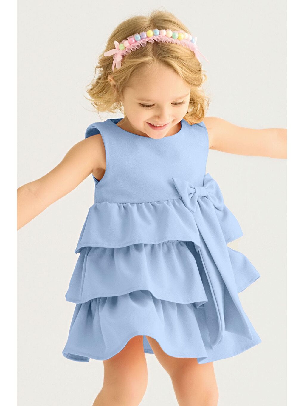 Bisiklet Yaka Kurdele Detaylı Eteği Fırfırlı Sıfır Kol Bebe Mavisi Renk Kız Çocuk Elbise-5