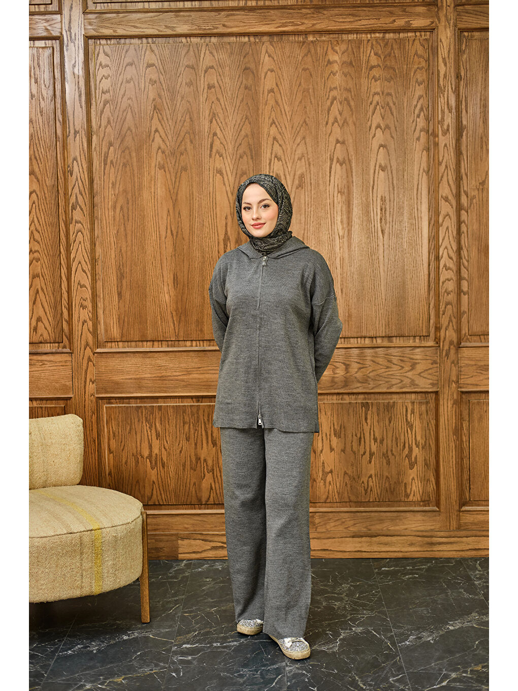 Kadın Kendinden Desenli Triko Takım Gri-2