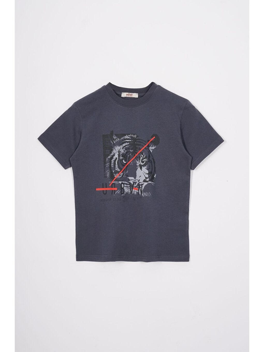 Gri Bisiklet Yaka Kaplan Baskılı Füme Renk Erkek Çocuk Tshirt