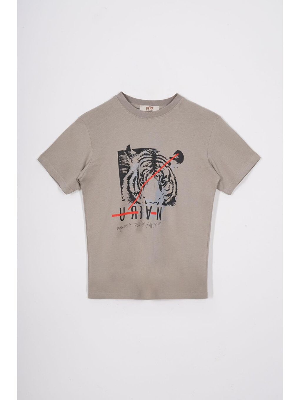 Bej Bisiklet Yaka Kaplan Baskılı Vizon Renk Erkek Çocuk Tshirt