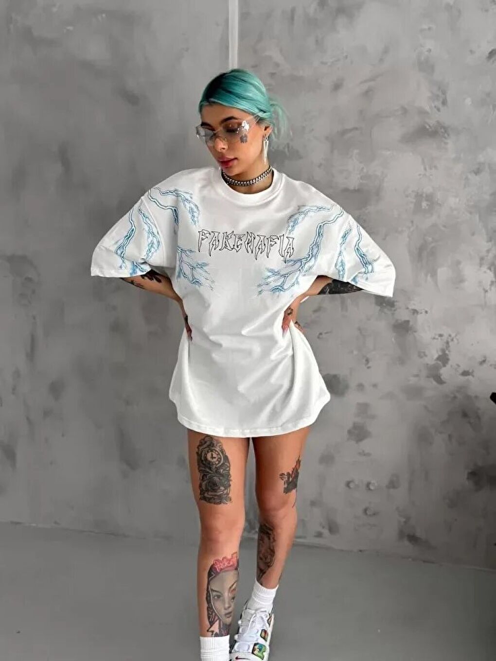 Unisex Bisiklet Yaka Baskılı Oversize T-Shirt - Beyaz-1