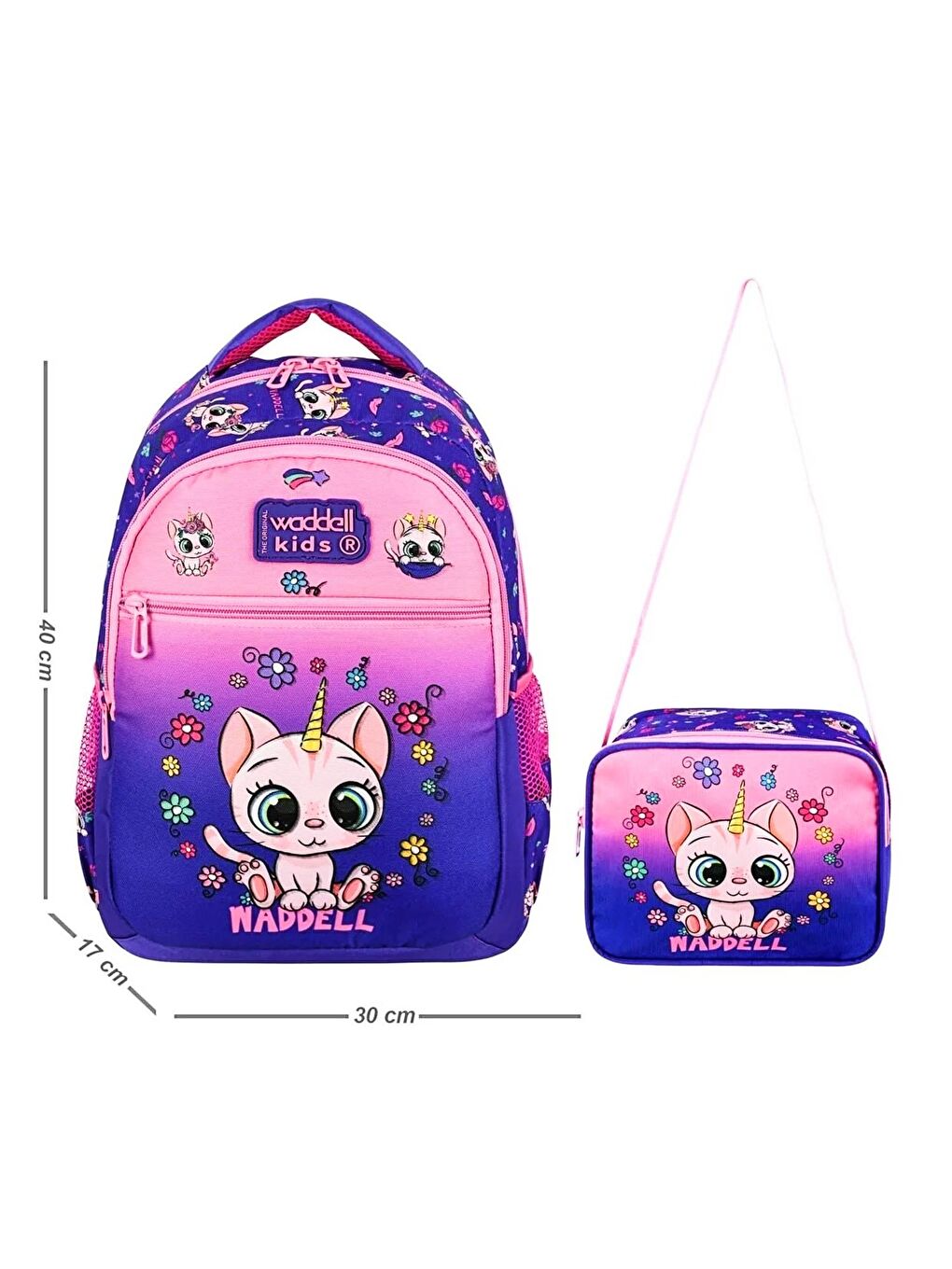 3 Bölmeli İlkokul Çantası ve Beslenme Çantası Kedi Pembe-Mor 24304-1