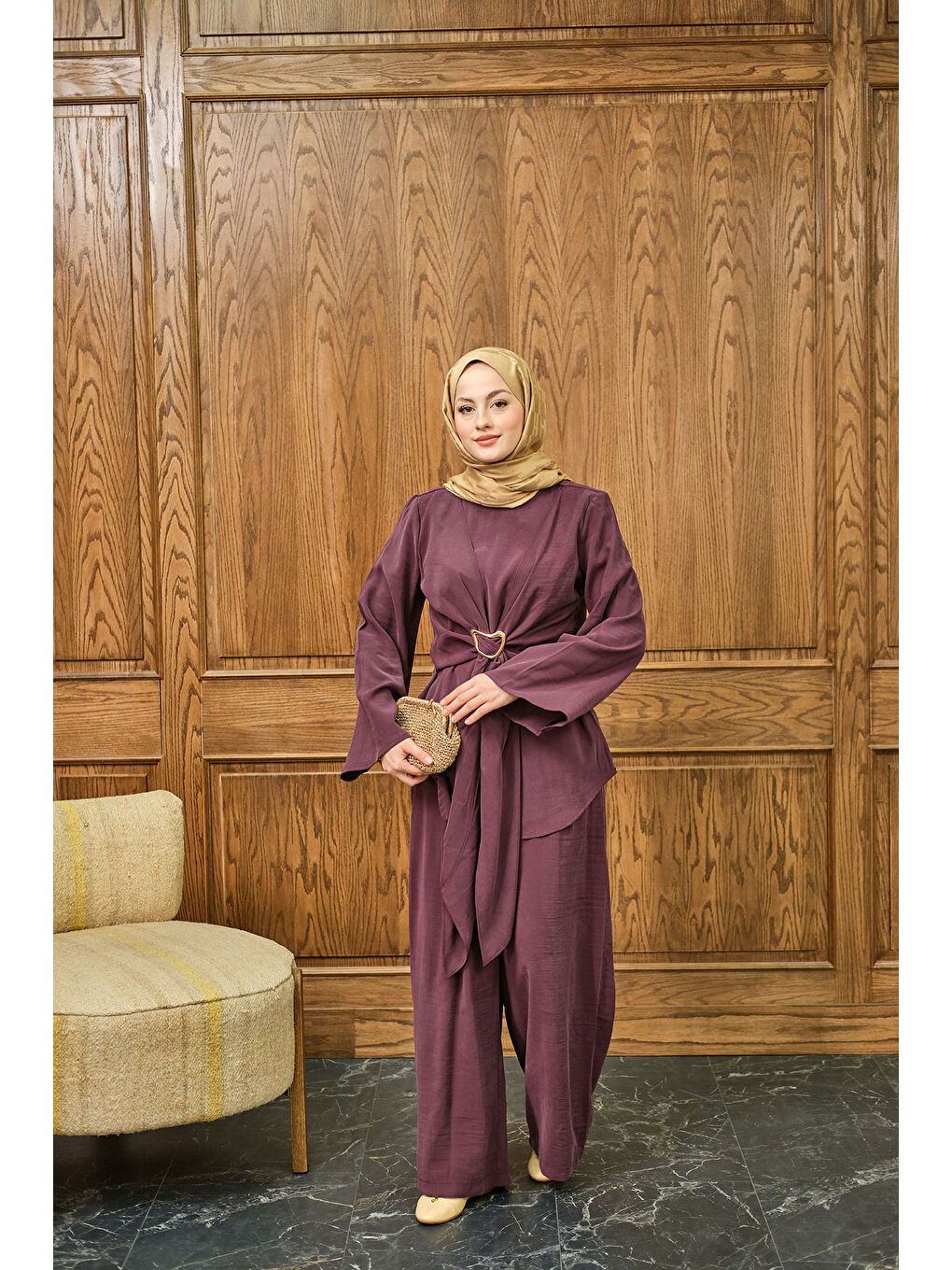 Kadın Gold Kemer Detay Takım Bordo-1