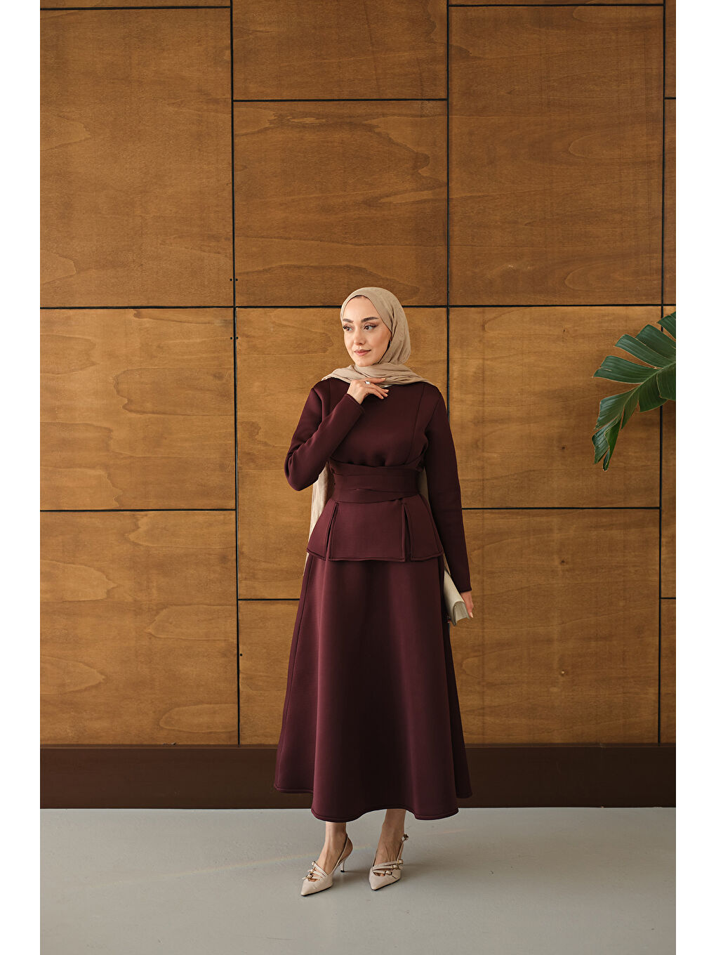 Kadın Bel Bağlamalı Etekli Takım Bordo-1