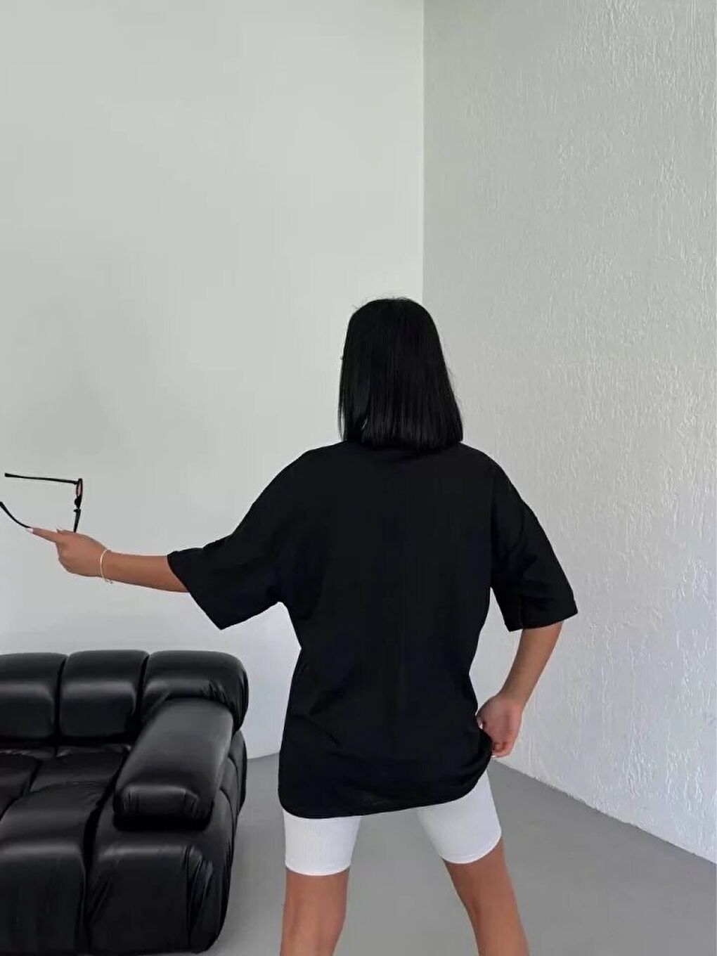 Unisex Bisiklet Yaka Baskılı Oversize T-Shirt - Siyah-1