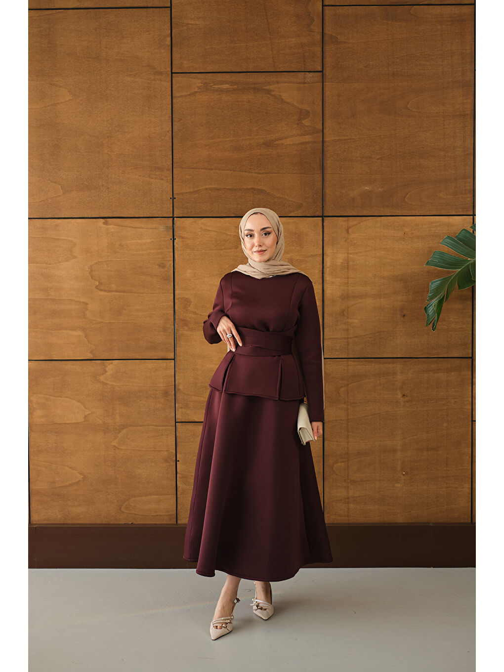 Kadın Bel Bağlamalı Etekli Takım Bordo-2