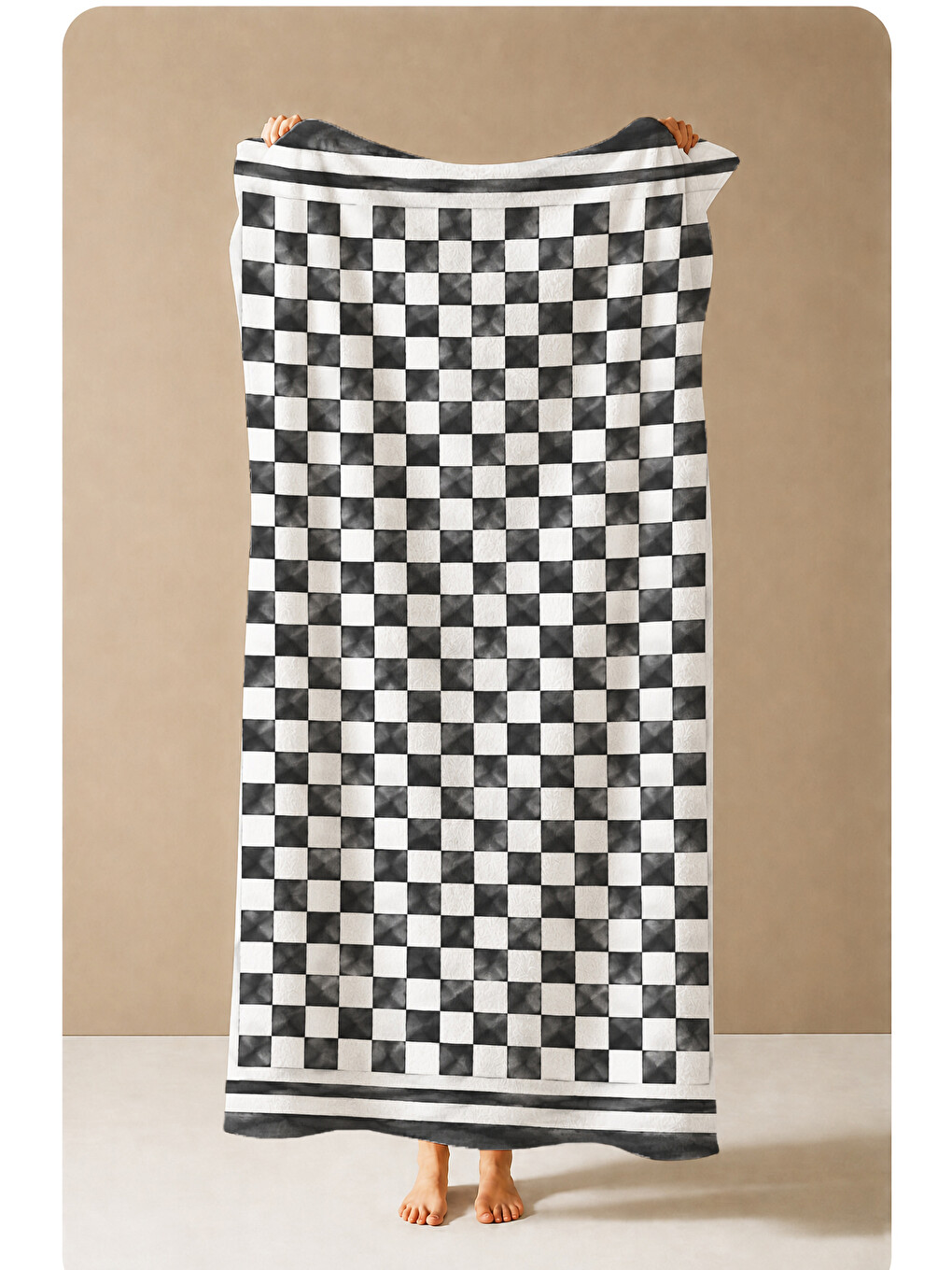 Modern Siyah Beyaz Damalı Kareli Desenli 70x150 Plaj Havlusu - Dijital Baskılı Banyo Havlusu