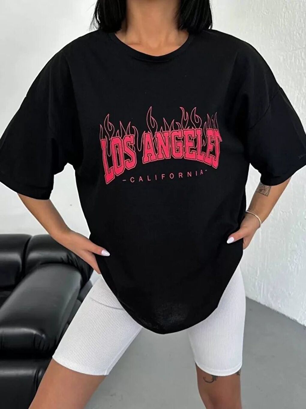 Unisex Bisiklet Yaka Baskılı Oversize T-Shirt - Siyah-3