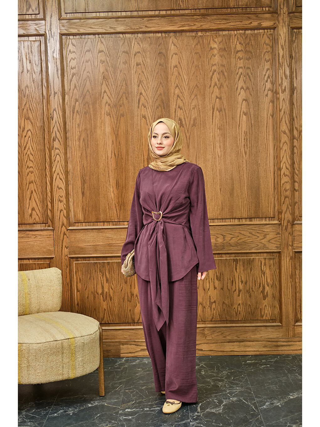 Kadın Gold Kemer Detay Takım Bordo-2