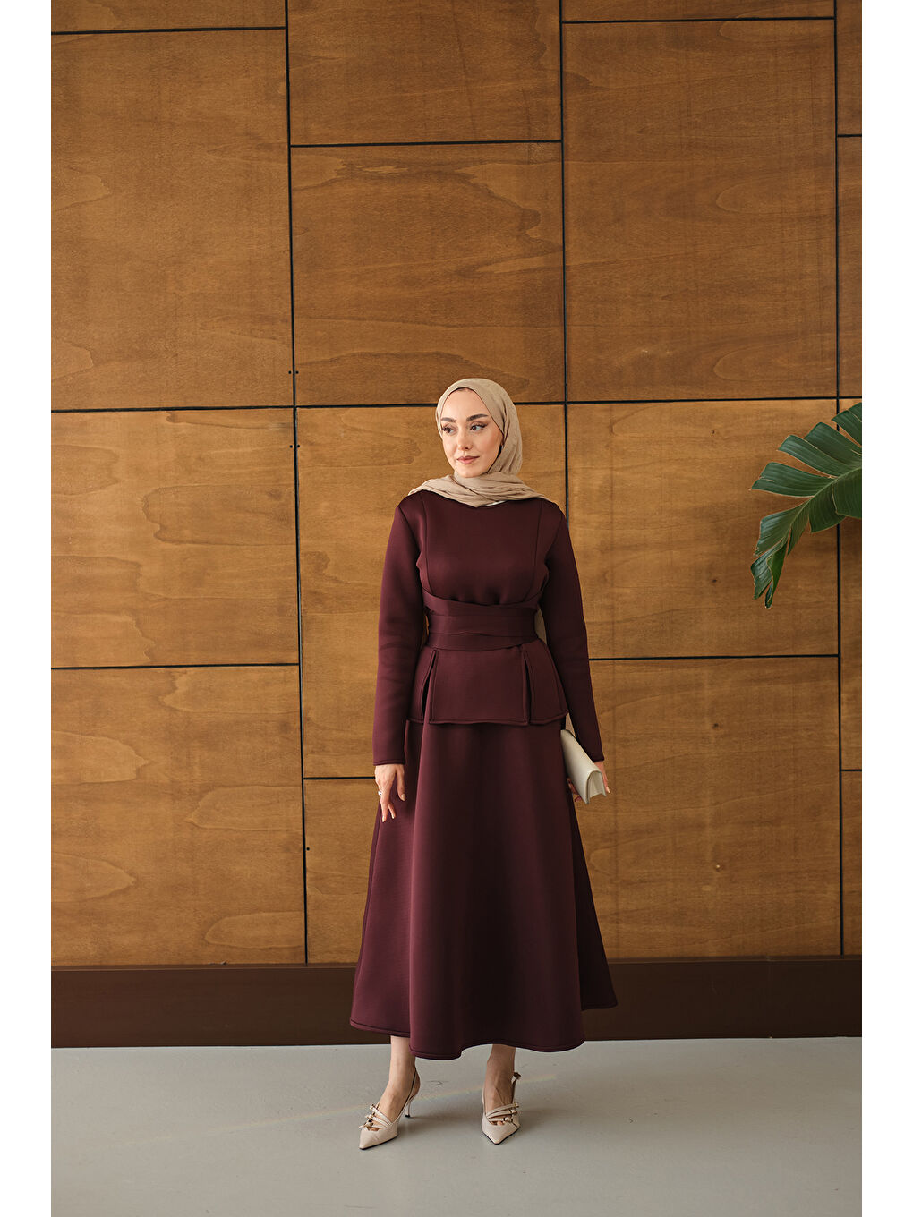 Kadın Bel Bağlamalı Etekli Takım Bordo-3
