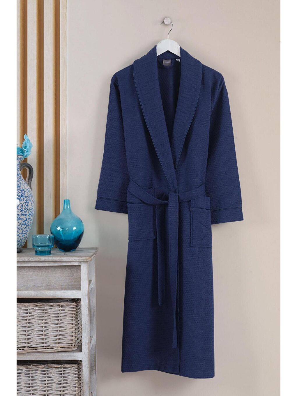 Dama Serisi Şal Yaka Pike Bornoz Sabahlık Lacivert