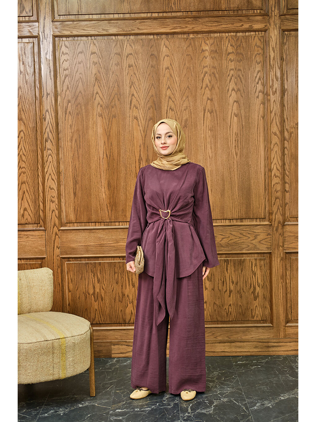 Kadın Gold Kemer Detay Takım Bordo-3