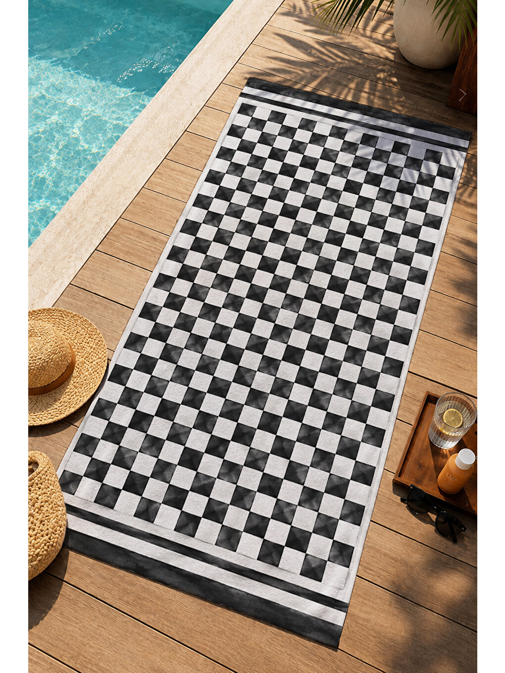 Modern Siyah Beyaz Damalı Kareli Desenli 70x150 Plaj Havlusu - Dijital Baskılı Banyo Havlusu-1