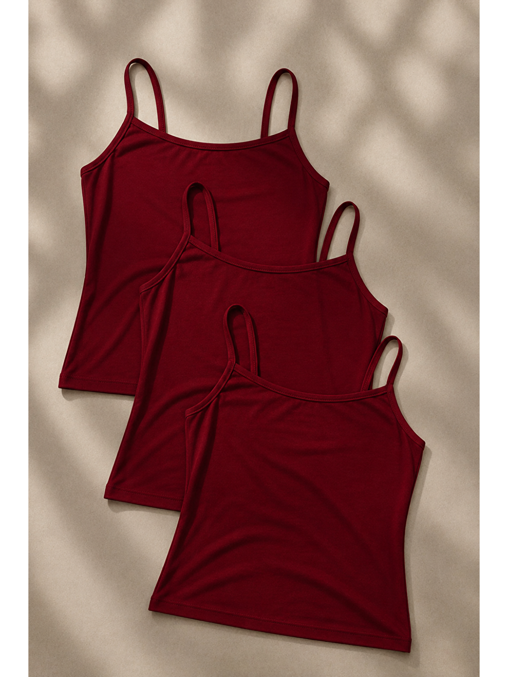Bordo Kadın Basic İnce Askılı Dar 3 Lü Crop Bluz